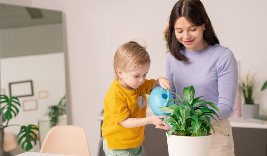 Smiling young mother assisting son to water domestic plant using watering can at home

