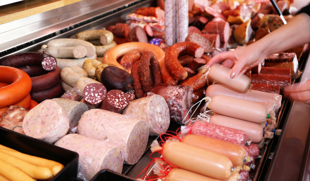 Variety of sausage products in the store

