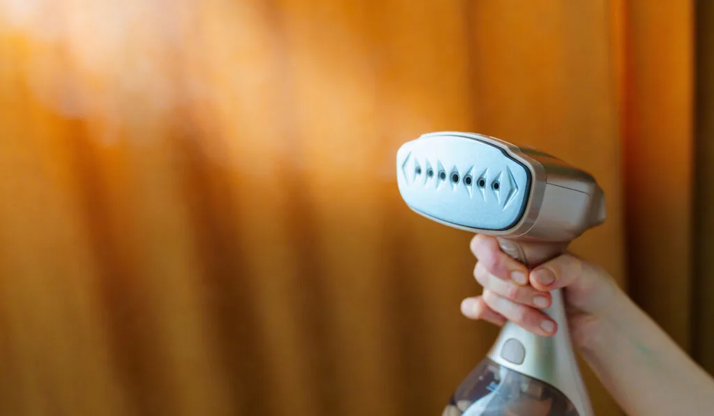 woman holding a portable hand steamer for clothes