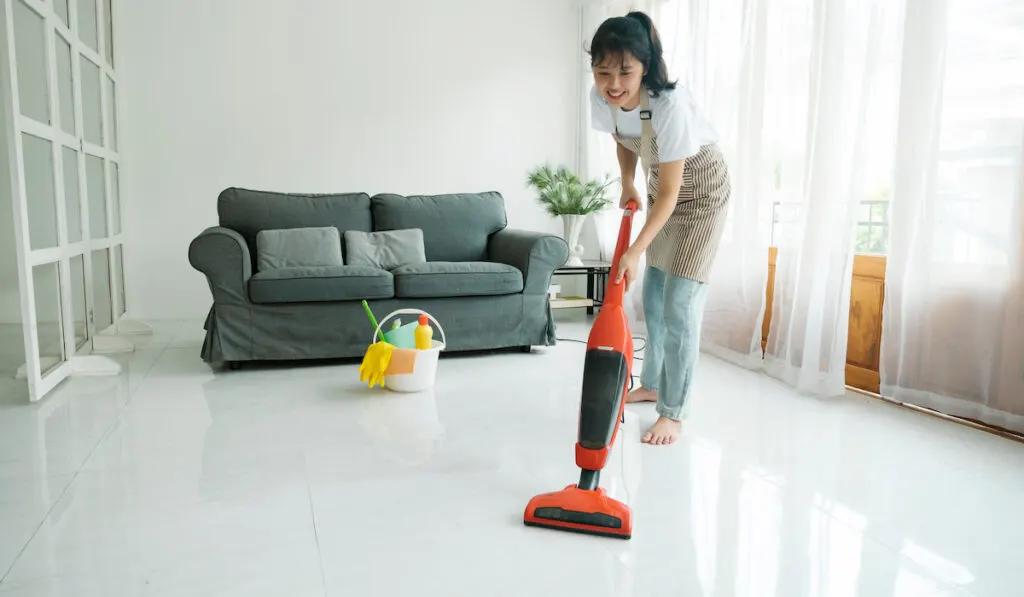 Young woman cleaning house with vacuum cleaner