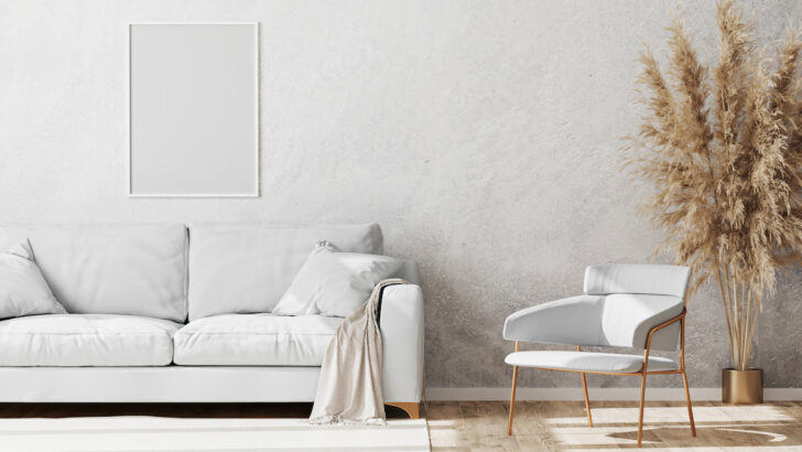 minimalist living room, white and beige theme
