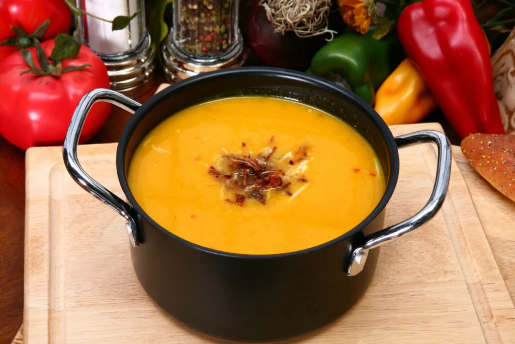 Butternut Squash Soup in a black pot