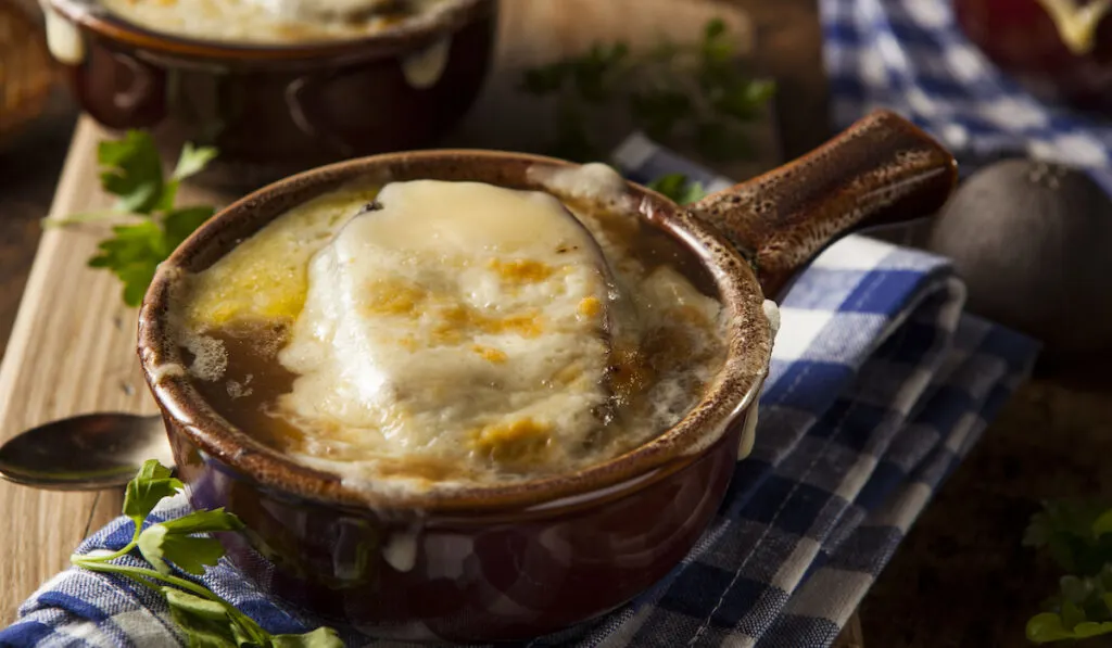 Homemade French Onion Soup with Cheese and Toast
