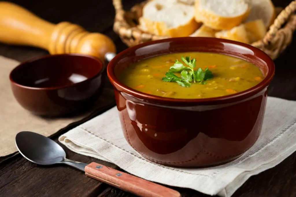 Pea Soup in a brown bowl
