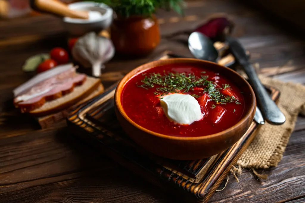 Traditional Ukrainian Borscht in a brown soup bowl