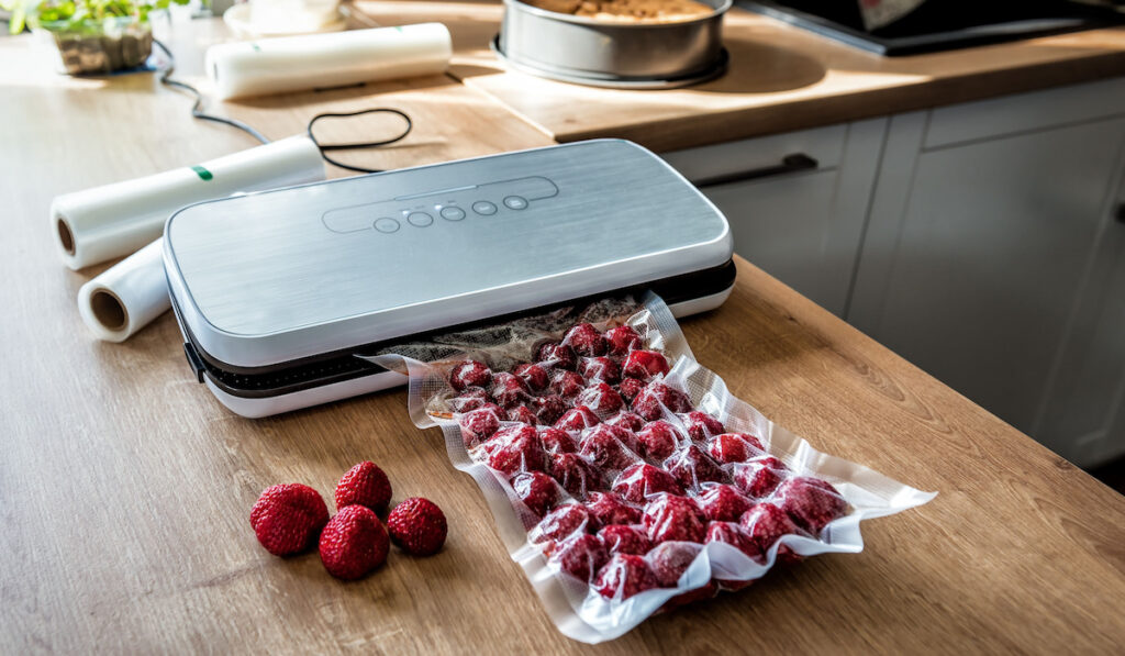 Vacuum packing machine and set of strawberries in a vacuum plastic bag on the table