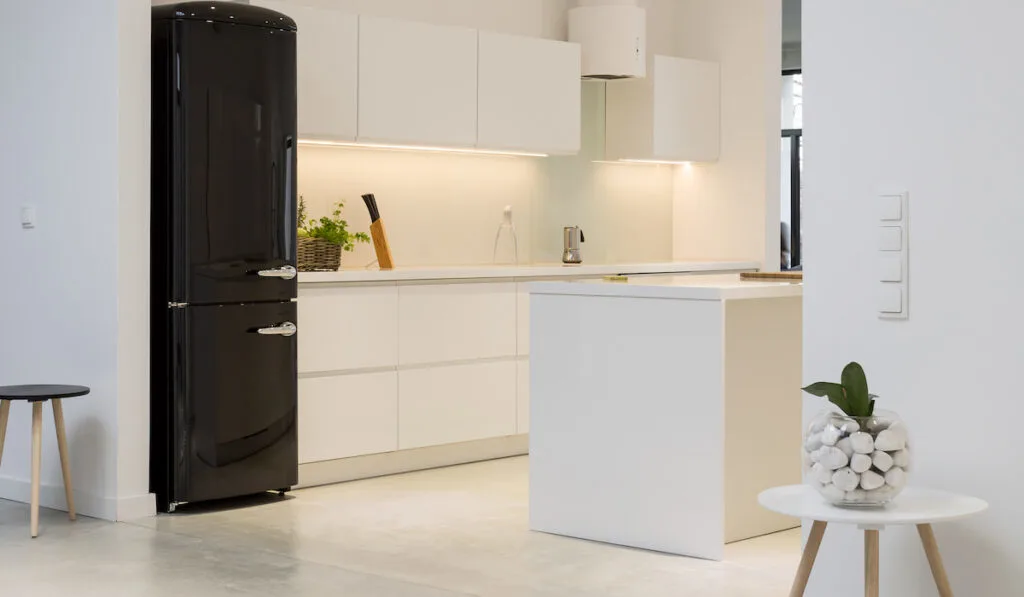 White kitchen with black fridge
