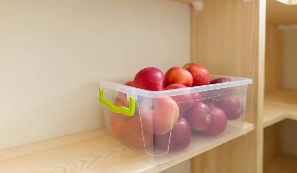apple in a clear container on the wooden shelve
